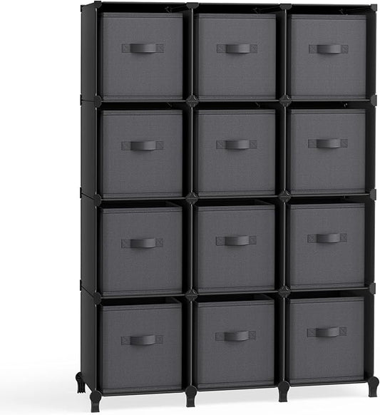 SONGMICS Cube Storage Organizer with Storage Boxes, Set of 12-Cube Organizer, 12 Collapsible Non-Woven Fabric Bins, Customizable, Space-Saving, Bedroom, Ink Black and Dove Gray ULPC122B01