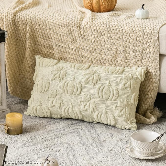 AVOIN colorlife Fall Pumpkin Maple Leaves Beige Throw Pillow Covers, 12 x 20 Inch Seasonal Autumn Thanksgiving Harvest Soft Plush Faux Fur Jacquard Cushion Case Decoration for Sofa Couch Set of 2