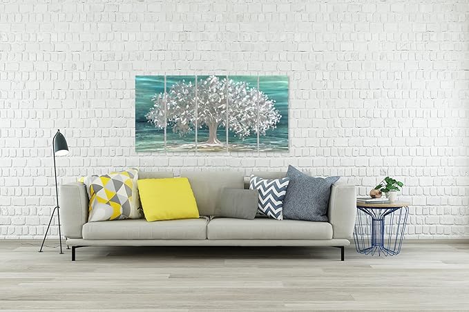Yihui Arts Tree Of Life Metal Wall Art Handcrafted Aluminum Artwork Teal and Silver Abstract Nature Pictures in 5 Pieces for Living Room Bedroom Bathroom Decor