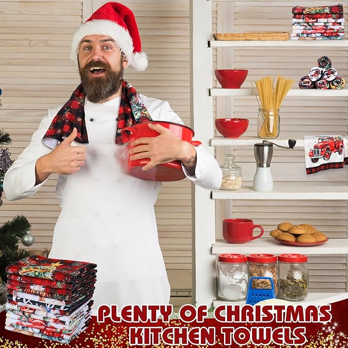 12 Pcs Christmas Kitchen Towels and Dishcloths Absorbent Christmas Tree Reindeer Truck Hand Dish Towels Decoration for Xmas Home Gift Supplies, 14.2 x 21.3 Inch(Fresh Style)