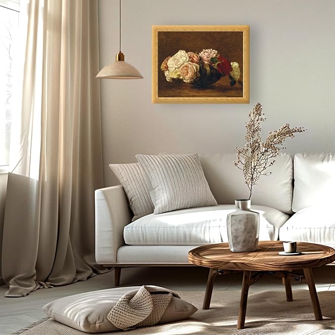 Brivoria Framed Canvas Wall Art Vintage Decor, Antique Floral Still Life Artwork with Roses and Rustic Autumn Tones for Living Room Bedroom Dining Room Fireplace or Gallery Wall Display, 16"x20"