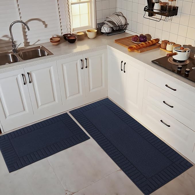 BEQHAUSE-Kitchen-Rugs-Washable-Kitchen-Mats-for-Floor Non-Slip Kitchen Mats Set of 2 Absorbent Kitchen Runner Navy Blue with TPR Backing 24x35inch/24x60inch