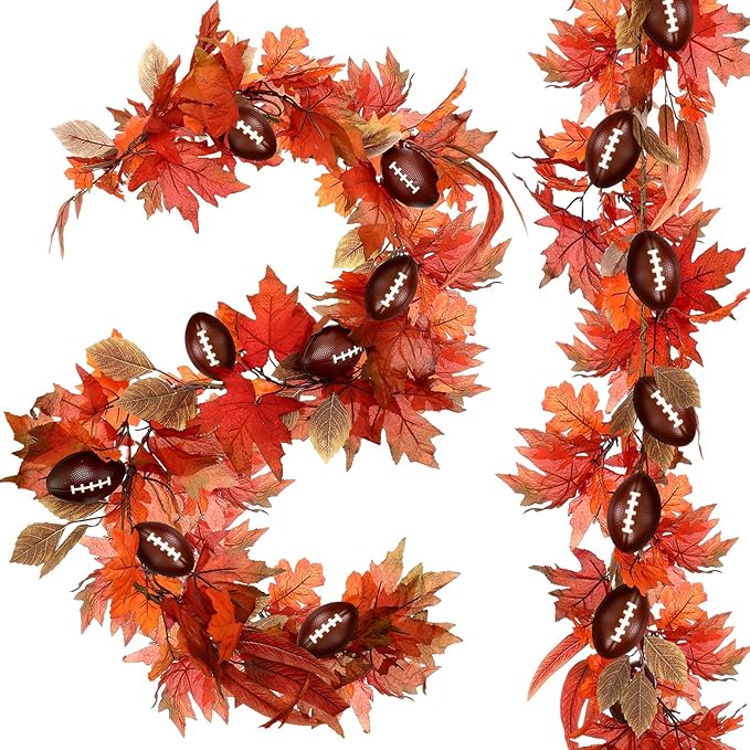 Zeyune 1 Pcs 6ft Long Fall Footballs Decor Artificial Garland Autumn Mixed Maple Leaves Garland Farmhouse Hanging Rustic Fall Wreath Decor for Front Door Kitchen Fireplace Home Indoor Outdoor