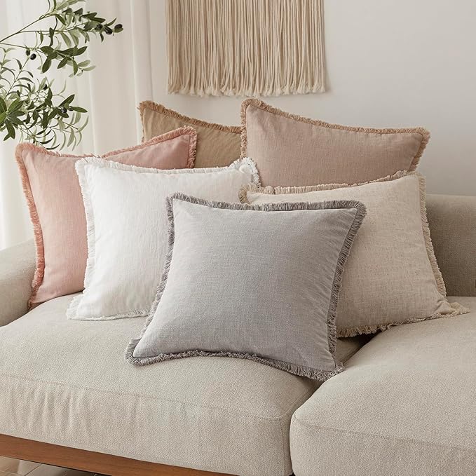 Foindtower Set of 2 Decorative Linen Fringe Lumbar Throw Pillow Covers Boho Farmhouse Cushion Cover with Tassels Soft Accent Pillowcase for Couch Sofa Bed Living Room Home Decor,12×20 Inch,Light Pink