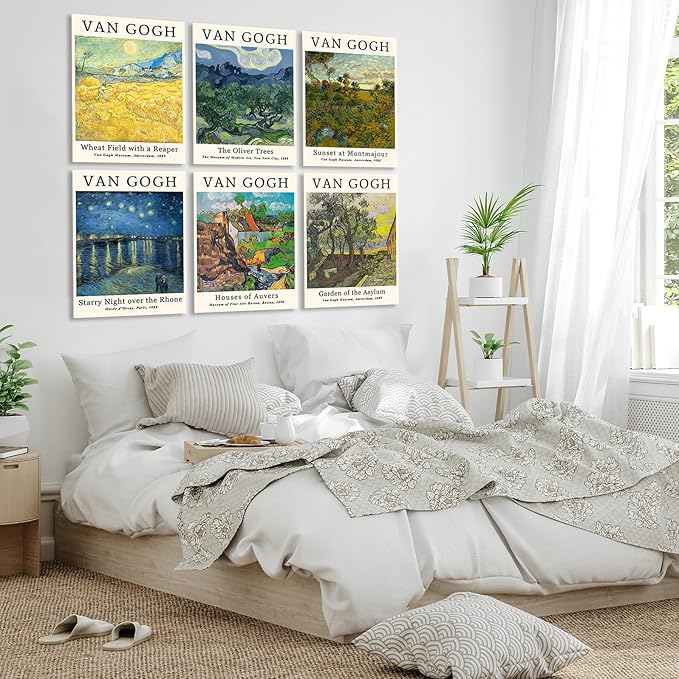 COSCTOR Set of 6 Vincent Van Gogh Wall Art Decor Canvas Vintage Retro Famous Artist Colorful Posters and Prints for Living Room Bathroom Bedroom Hallway Kitchen (Framed, 12x16)