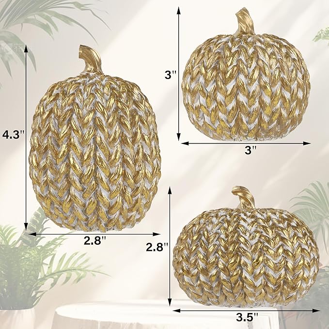 winemana Fall Decorations for Home Set of 3, Gold & White Resin Pumpkin Decor with Woven Design - Thanksgiving Table Centerpiece, Mantel, Indoor & Outdoor Farmhouse Autumn Décor