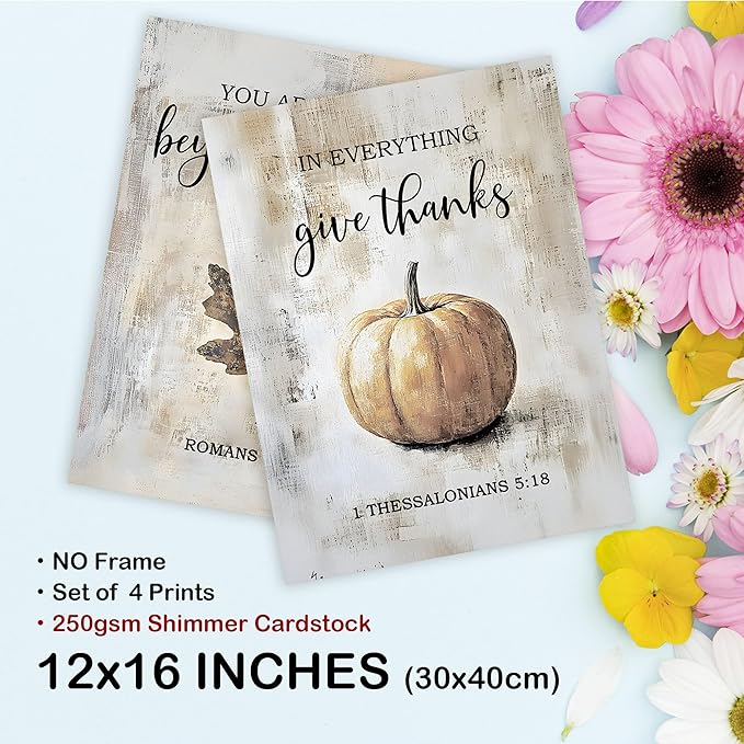 TLESKE Rustic Fall Christian Pumpkins Maple Leaves Posters Prints Unframed Set of 4 for Farmhouse Bedroom Living Room Kitchen, Vintage Autumn Wall Art Prints Decor, Thanksgiving Wall Pictures, 12x16