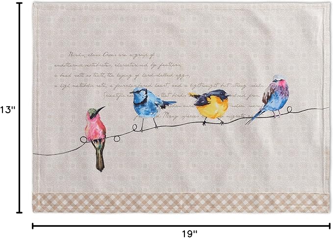 Maison d' Hermine Placemats Set of 2 100% Cotton Washable Cloth Place Mats, Reusable Table Mats for Kitchen Dining Decoration, Party, Wedding, Restaurant Spring/Summer (Birdies On Wire, 13" x 19")