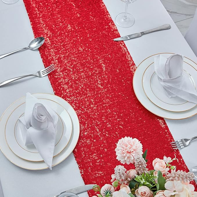 10 Packs 12 x 108 inches Red Sequin Table Runner, Glitter Red Table Runner for Wedding Birthday Bachelorette Holiday Party Supplies Decorations Bridal Shower Baby Shower