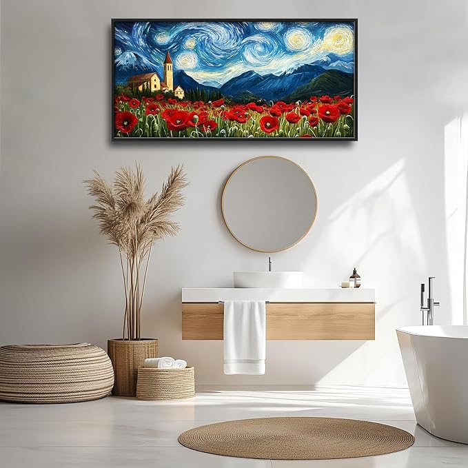 Starry Night Framed Wall Art for Living Room, Large Poppies Canvas Wall Decor, Vintage Red Flowers Pictures Painting, Modern Artwork for Bathroom Bedroom 60L'' × 30W''