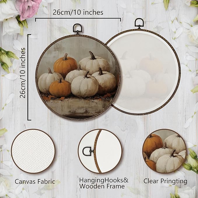 XNXLDYLH Rustic Fall Pumpkin Round Framed Wall Art Decor, Vintage Farmhouse Hanging Wall Decor Decorations, Autumn Fall Canvas Prints Wall Art Pictures Paintings for Bedroom Living Room, 10x10 Inch