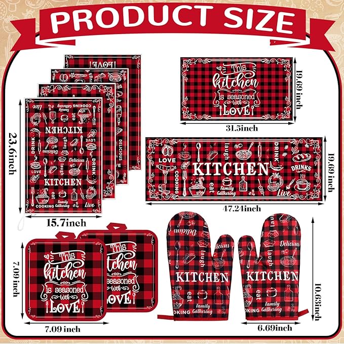 10 Pcs Farmhouse Kitchen Set, Kitchen Towels and Dishcloths Rugs Mats for Floor Oven Mitts and Pot Holders Sets Rustic Hand Towels for Home Decorations Gifts (Red and Black,Retro)