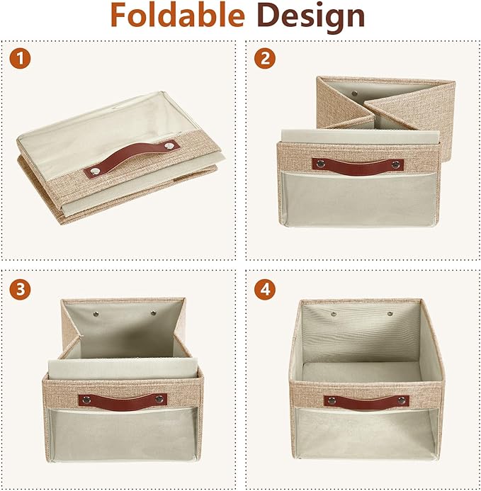 Medium Storage Baskets with Clear Window, See Through Closet Organizer with PU Handles, Linen Foldable Storage Bins for Organizing Clothes, Toys, Books (Khaki)