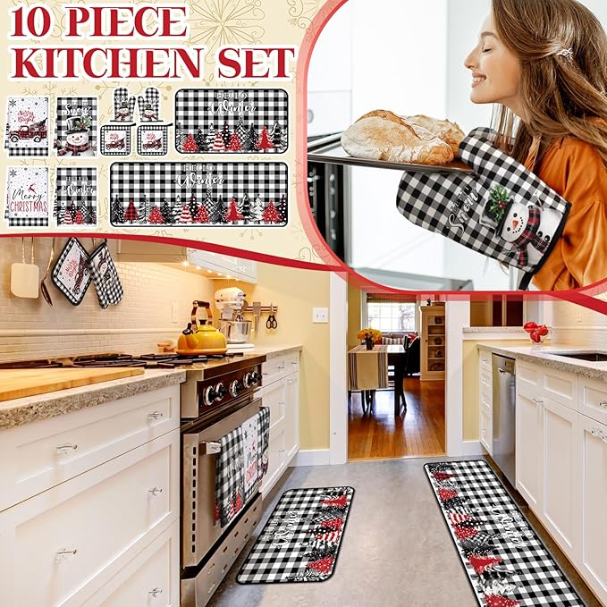 10 Pcs Christmas Kitchen Decor Sets, 4 Xmas Kitchen Dish Towels 2 Pot Holders 2 Oven Mitts Glove Buffalo Plaid Non Slip Rugs and Mats for Floor Home Christmas Decorations Accessories Gifts