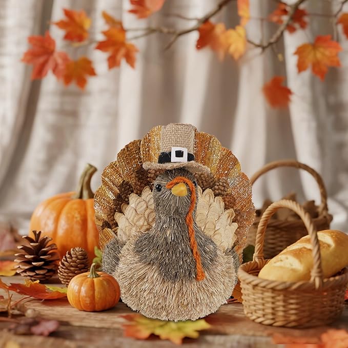 winemana Thanksgiving Turkey Decor – 7.9" Tall Sisal Turkeys Table Centerpiece with Top Hat, Fall & Harvest Home Decor, Thanksgiving Decorations Indoor