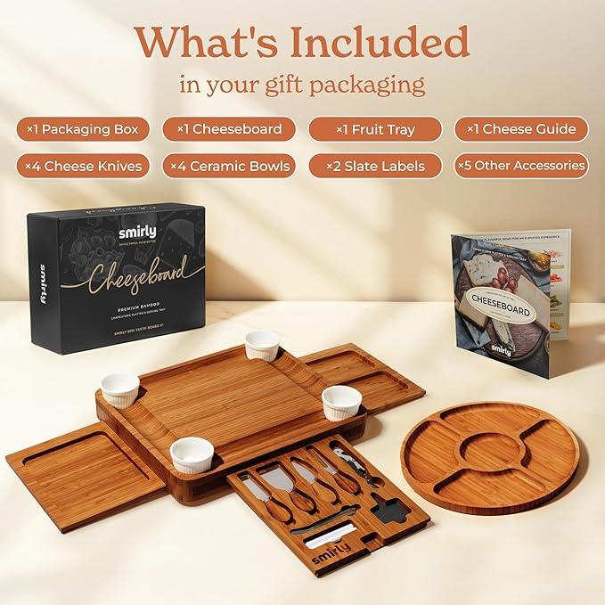 SMIRLY Charcuterie Boards Set - Large Bamboo Cheese Board Set - House Warming Gifts New Home, Wedding Gift for Couple, Bridal Shower Gift, Birthday Gifts for Women