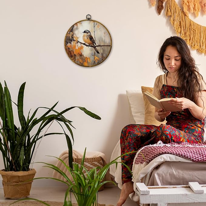 Mcehtle Vintage Fall Bird Wall Art Decor, Rustic Autumn Bird on Branch Framed Canvas Prints 10x10, Retro Thanksgiving Farmhouse Round Wall Hanging Artwork Decorations for Home Bedroom Gallery