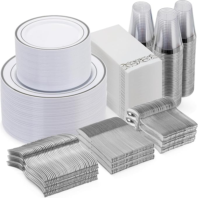 Goodluck 700 Piece Silver Dinnerware Set for 100 Guests, Disposable Plastic Plates for Party, Include: 100 Dinner Plates, 100 Dessert Plates, 100 Paper Napkins, 100 Cups, 100 Silverware set
