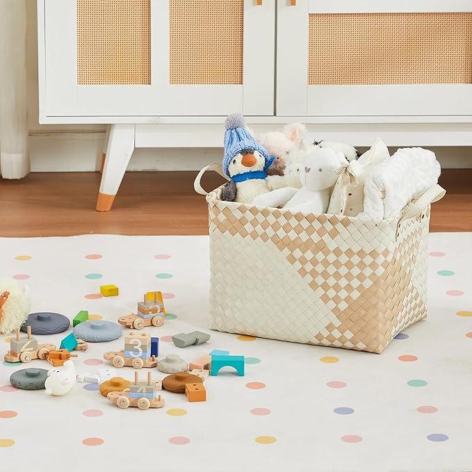 BROWNLILY Handwoven Clothes Basket Laundry Hampers Large Wicker Storage Baskets for Shelves Blankets Closet Storage Bins Car Bedroom Bathroom Organizers and Storage (Pack of 4, Khaki & Ivory White)