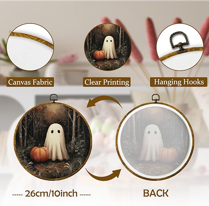 Mcehtle Vintage Halloween Dark Forest With Ghosts Wall Art Decor, Rustic Farmhouse Cottagecore Framed Canvas Prints 10x10, Dark Academia Round Wall Hanging Artwork Decorations for Bedroom Gallery