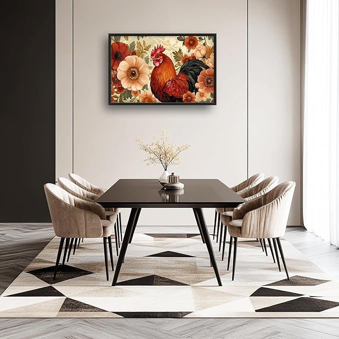 Lovira Farmhouse Rooster Large Wall Art Rustic Country Farm Chicken Floral Canvas Wall Decor Pictures Prints Painting Framed Artwork for Living Room Bedroom Bathroom Kitchen 24"x36"