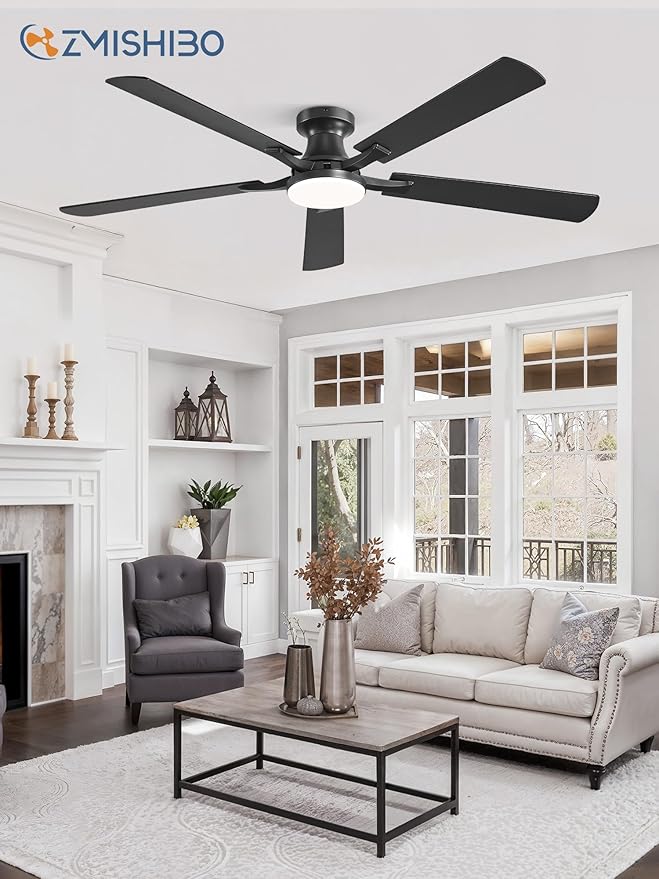 ZMISHIBO 60 Inch Ceiling Fan with Light, App&Remote Control, Flush Mount Low Profile, Dimmable 20W LED Light, Quiet Reversible Motor for Bedroom, Living Room, Apartment, Black