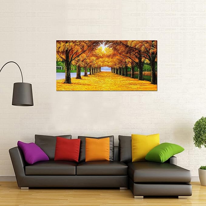 XXMWallArt FC2150 Wall Art Golden Autumn Scene Canvas Prints Painting Gold Tree Paintings Pictures Framed for Living Room Bedroom Kitchen Home and Office Wall Decor