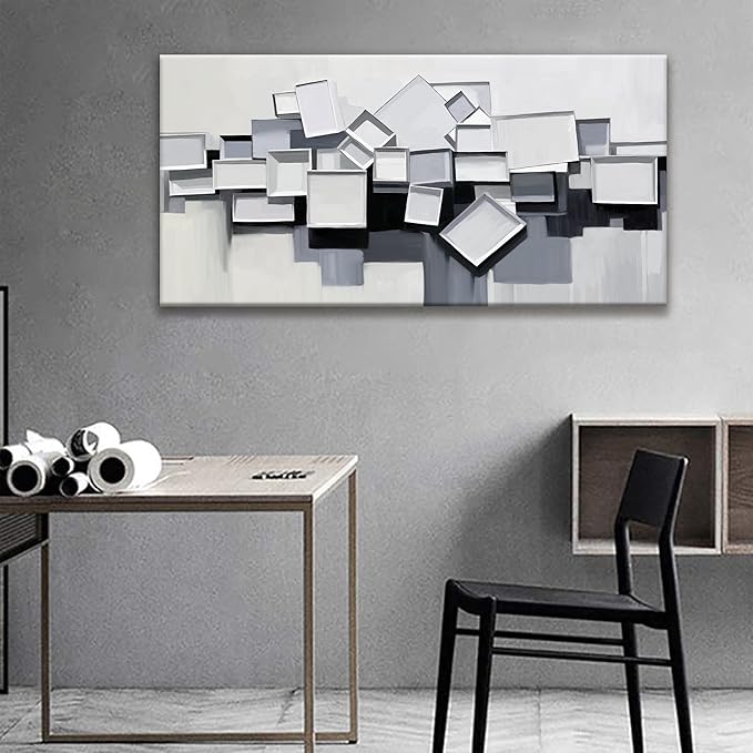 Grey And White Abstract Wall Art Minimalist Wall Art Geometric Color Block Canvas Artwork Paintings Canvas Art Wall Decor Modern Bedroom Art Office Artwork 20"X 40" Ready To Hang