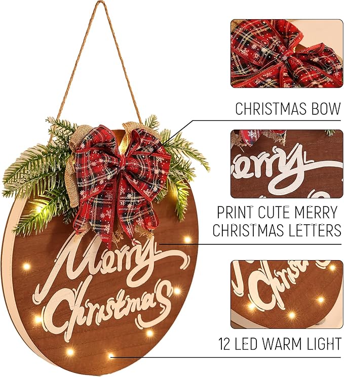 HOMCDALY Merry Christmas Sign for Front Door, Wooden Hanging Sign Door Decoration with 12 LED Light, Winter Welcome Wreath indoor outdoor Décor, Christmas Decoration.