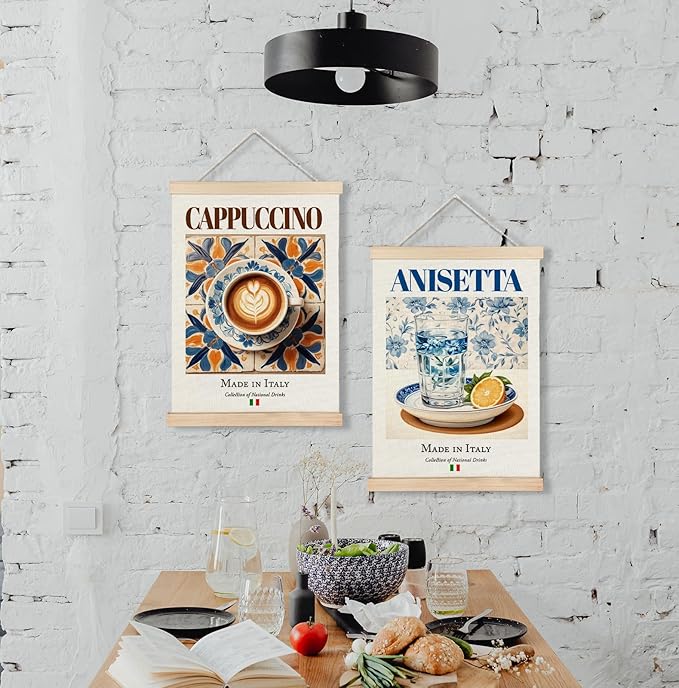 Yomisex Italy Cappuccino Anisetta Wall Art Poster, Traditional Italian Drinks on Maiolica Tiles Canvas Prints Wall Art Framed for Kitchen Coffee and Wine Bar Decor, 12x16 Inch Set of 2