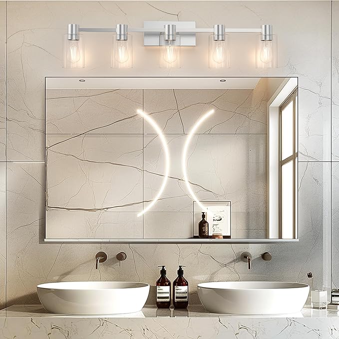 5-Light Modern Vanity Light Fixtures Over Mirror, Brushed Nickel Bathroom Light Fixtures, Vanity Lights, Wall Sconce with Clear Glass Shade for Bathroom, E26 Base