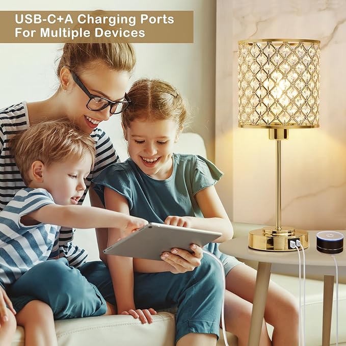 GyroVu Crystal Table Lamp, Crystal Touch Control with USB-C+A Ports, 3 Way Dimmable Gold Bedside Lamp with Bulb