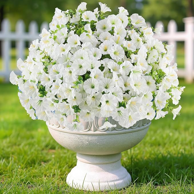 12PCS Artificial Flowers for Outdoor Decorations, Realistic Faux White Silk Petunia Flowers for Outside, Fake Plants Morning Glory with Eucalyptus Porch Patio Planters Window Boxes Decor