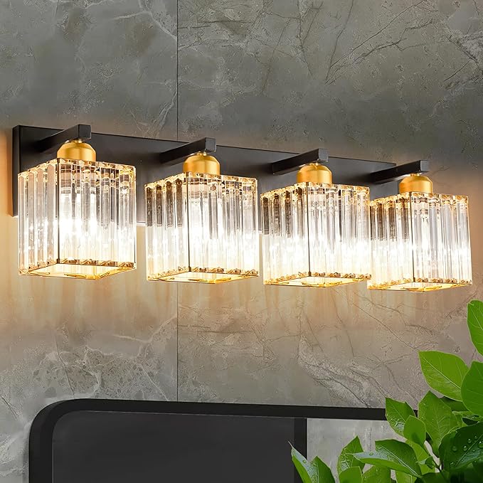 Bathroom Vanity Light Fixtures Over Mirror - Makeup Lighting Black Gold - for Modern Wall, Bath, Desk, Farmhouse, Hallway 4 Crystal Lights