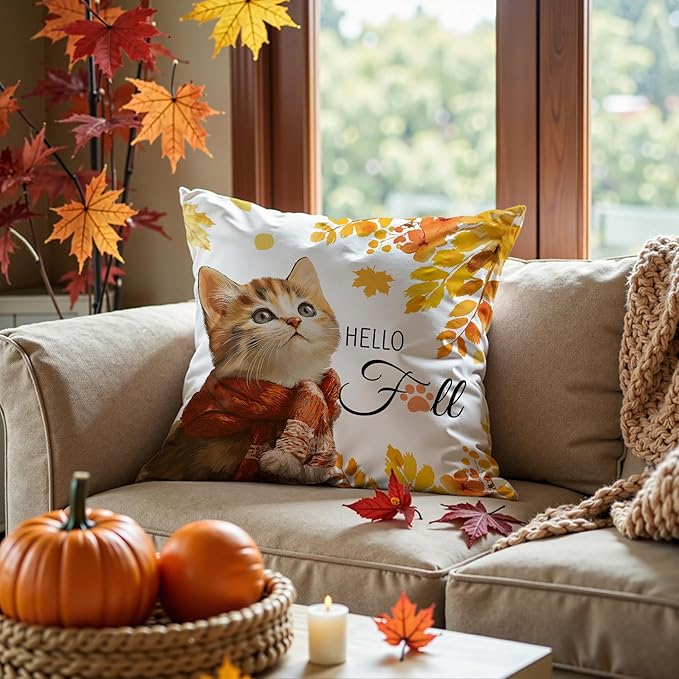 Fall Cat Pillow Covers 18x18, Cat Home Room Decor, Fall Autumn Maple Leaves Cute Kitty Kitten Decorative Throw Pillow Covers for Home Bedroom Living Room