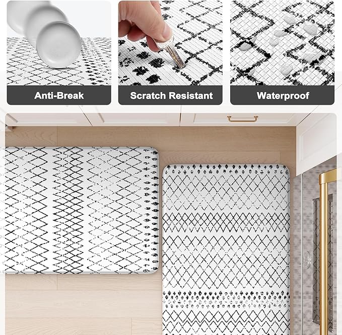 KIMODE Kitchen Mats for Floor Cushioned Anti Fatigue, Boho Kitchen Rugs Sets of 2, Non Slip Kitchen Floor Mats,Comfort Standing Mats for Sink Laundry Desk Black and White 20"x71"+20"x32"