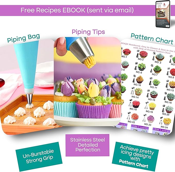 RFAQK 230PCs Cake Decorating Supplies Kit, Cake Decorating Set with Cake Turntable, Piping Bags and Tips, Modeling Tools, Cookie Plunger Cutters, Icing Smoother & Other Accessories for Cake Decoration