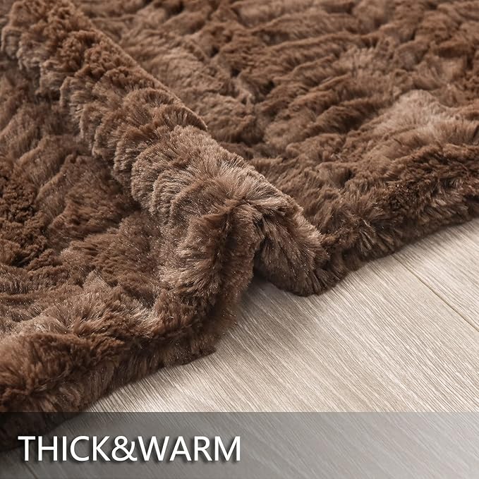 YUSOKI Luxury Faux Fur Throw Blanket(Without Pillows) 2 Layers,3lb,All Ages,Home Decoration, (Brown,50" x 63")