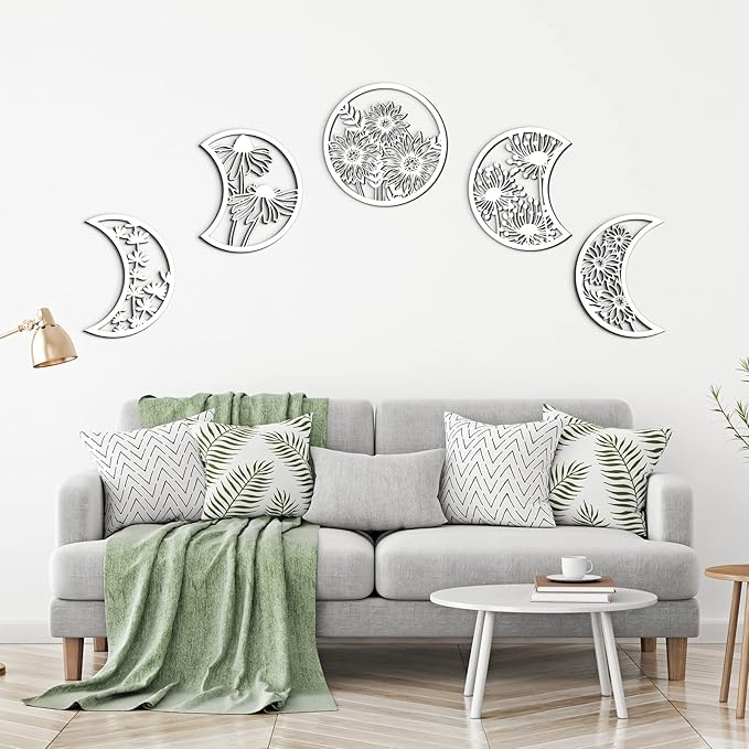 Jetec 5 Pcs Moon Phase Wall Hanging Decor Art Above Bed 10.6" H Boho Moon Phase Wood Wall Pediment Ornament for Living Room Bedroom Home Decoration Room Apartment Bar(White)