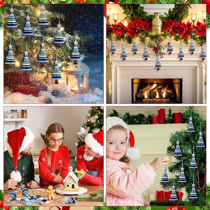 Soulchen 12 Sets Button Christmas Tree Craft Kits Make Your Own Button Christmas Tree Decorations DIY Xmas Hanging Ornament for Holiday Stocking Filler Gift Decor(Blue)