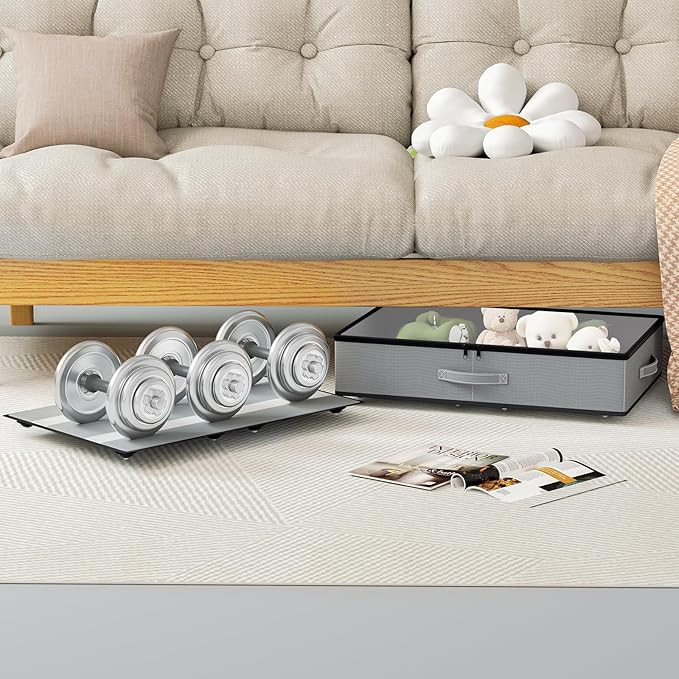 Under Bed Storage with Wheels, No Assemble Required 5.5 inches height grey under bed storage bins,Low Profile Rolling Under bed Shoe Storage containers,dorm under bed storage drawers