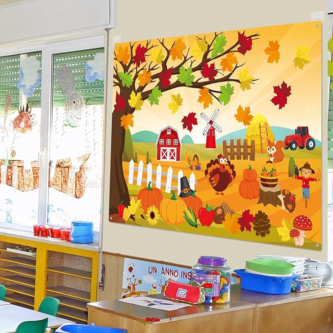 Fall Felt Story Board Set 3.4FT 55 Pcs Autumn Wall Activity Board Thanksgiving DIY Craft Wall Decor Pumpkin Turkey Flannel Storytelling Ornaments for Autumn Harvest Gift (55, Fall)