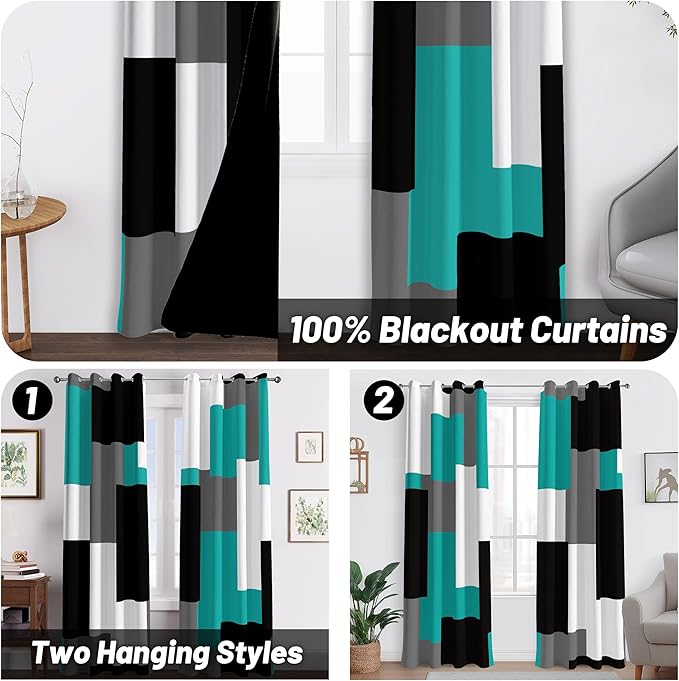 Teal/Turquoise 100% Blackout Curtains for Bedroom 108 inch Extra Long 2 Panels Set Black Grey Modern Abstract Geometric Black Out Curtains Room Darkening Window Drapes for Living Room, 52Wx108L