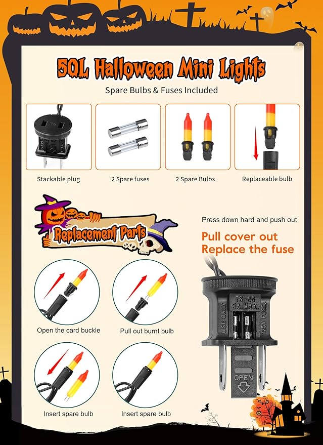 2 Pack Orange Halloween Mini Lights, 13 Feet 50 Count Totally 100 Count Incandescent Bulb Mini String Lights, Connectable Halloween Light for Haunted House Ghost Party Holiday Window Indoor Decoration