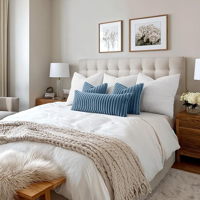 MIULEE Faux Fur Large Decorative Throw Pillow Covers 24x24 Inch Set of 2, Coastal Modern Art Home Decor Soft Plush Couch Pillows Cozy Fluffy Cushion Covers for Sofa Bed Grey Blue