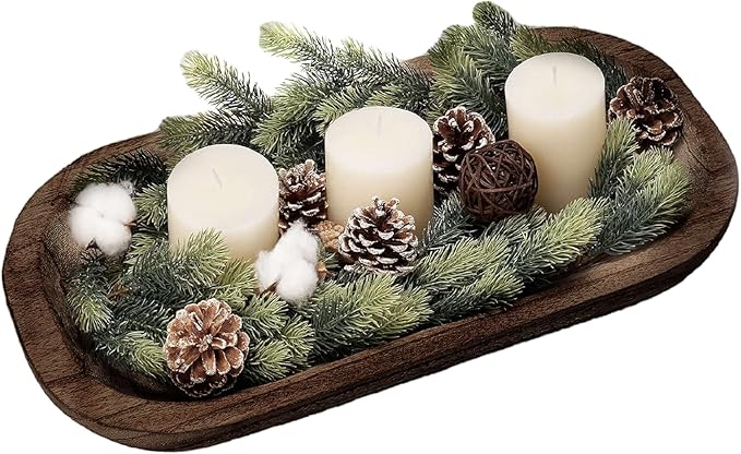 Wooden Dough Bowl Decor, Key Decorative Centerpiece Bowl, Hand Carved Baguette Bowl, Home Decor for Dining Table Center, Living Room, Kitchen (L14.6*W10.2*H0.8 inches) Squircle-Brown