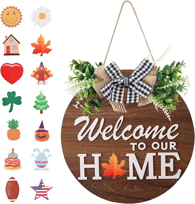 Rustic Round Wood Wreath, Seasonal Sign for Home, Farmhouse Seasonal Wreath