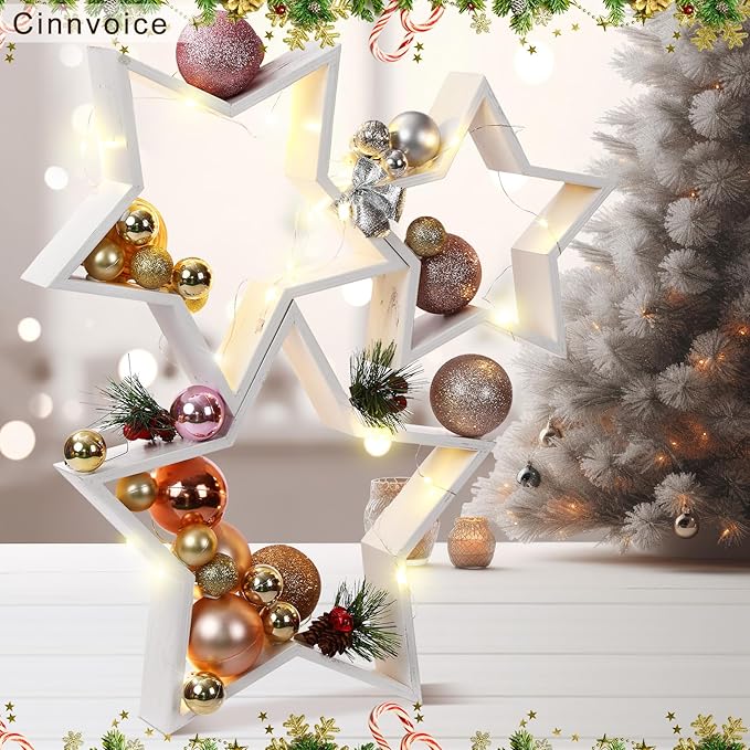 3 Pcs Christmas Wooden Table Decoration Centerpiece Sign Crafts for Farmhouse Desk Coffee Tabletop Fireplace Mantle Bookshelf Tiered Tray Shelf Accents Rustic DIY Ornament(White,Star)