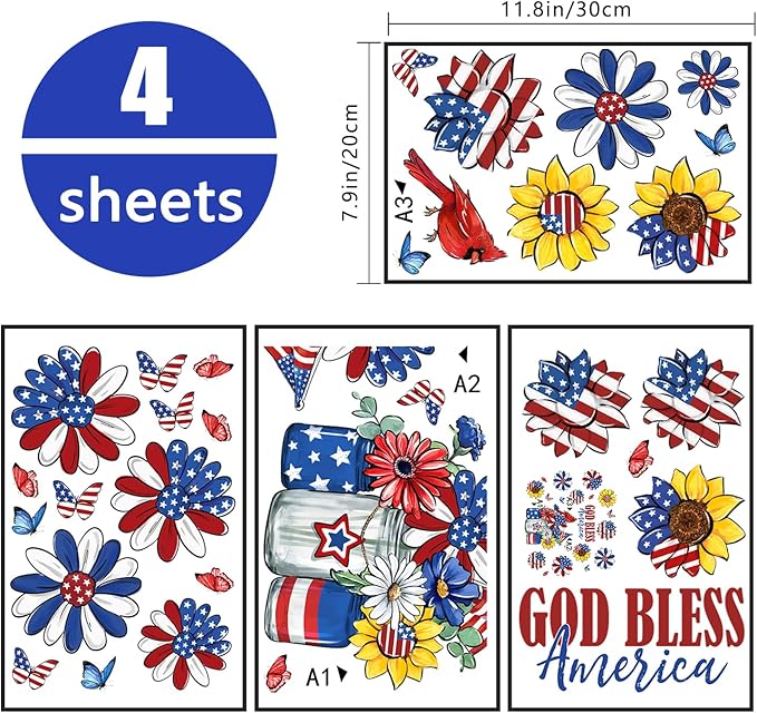 Yovkky Christian 4th of July Flower Window Clings 4 Sheets, Patriotic Religious God Bless America Sunflower Daisy Cardinal Stickers Decals Decor, American USA Mason Jar Home Kitchen Decorations