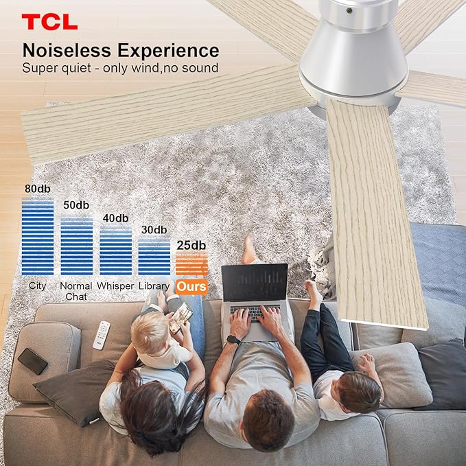 TCL 52" Ceiling Fan with Lights, Silver Flush Mount, 5 Blade Low Profile, 6 Speeds DC Reversible, Dimmable, Modern for Bedroom, Living Room and Garage